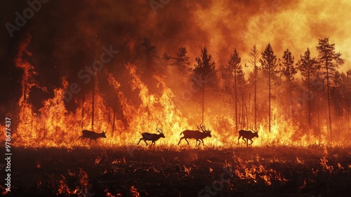 A dramatic scene of wildlife fleeing from a raging wildfire, highlighting the impact of natural disasters on forests and animals. photo