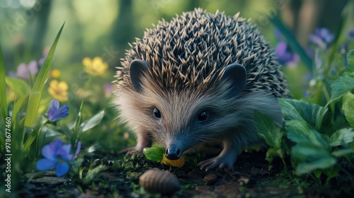 A hedgehog foraging for food in a lush garden, with its tiny nose sniffing the ground.