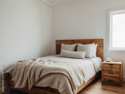Minimalist Bedroom with Wooden Bed Frame and Natural Bedding