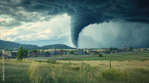 A dramatic tornado spirals through a rural landscape, showcasing the power of nature amidst dark storm clouds.