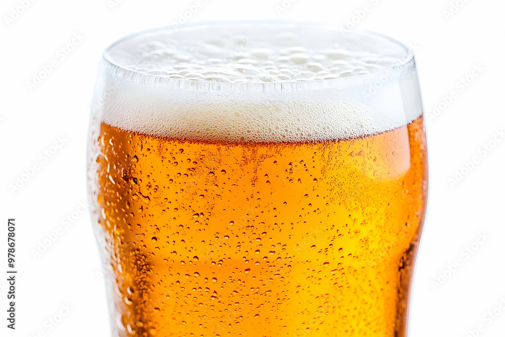 Close-up of frothy amber beer in a clear glass against white background