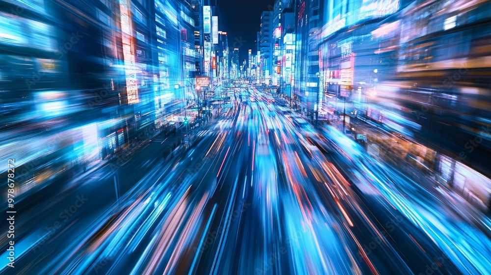 Urban Symphony: Dynamic Tokyo Cityscape with Blue Neon Light Trails in Futuristic Motion Blur at Dusk Urban Symphony: Dynamic Tokyo Cityscape with Blue Neon Light Trails in Futuristic Motion Blur at Dusk