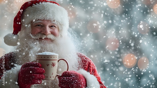 5. Santa holding a mug of hot cocoa while snow falls behind him a peaceful and magical Christmas moment