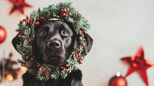 Labrador Retriever dog adorned with a festive wreath and surrounded by holiday decorations, set against a minimalist background. The image captures the joyful spirit of the holidays photo