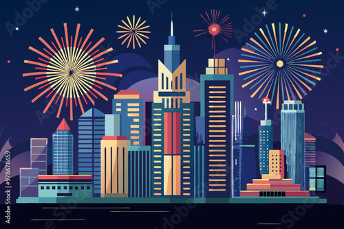 vector illustration of A CITYSCAPE WITH SKY SCRAPERS AT NIGHT