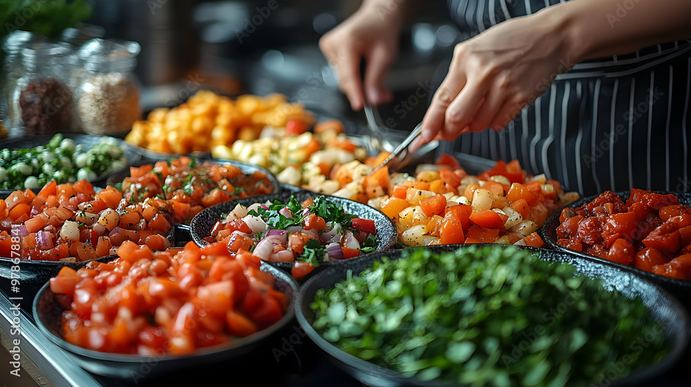 Obraz premium Delicious Salad with Chopped Tomatoes, Onions, and Parsley - Realistic Photo