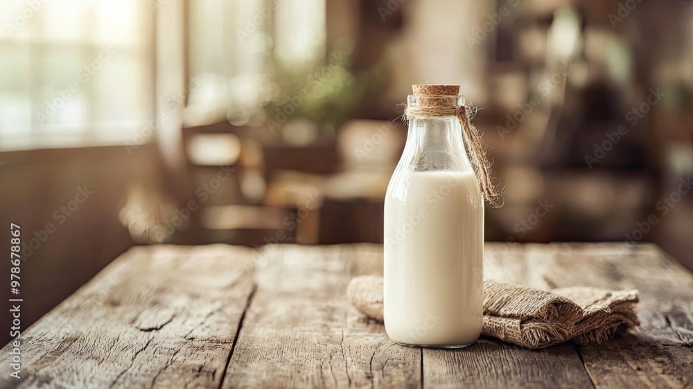 A glass bottle of fresh milk sits on a rustic wooden table with warm lighting, evoking a cozy and inviting atmosphere. A glass bottle of fresh milk sits on a rustic wooden table with warm lighting, evoking a cozy and inviting atmosphere.