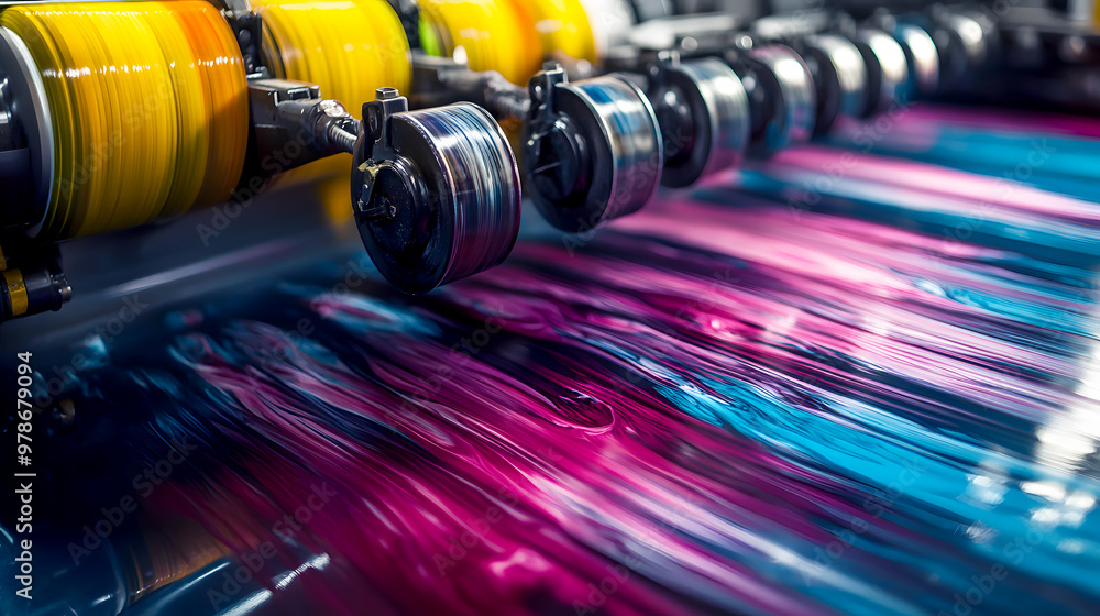 Blended CMYK ink on a printing press, with streaks of color spreading across the rollers Blended CMYK ink on a printing press, with streaks of color spreading across the rollers