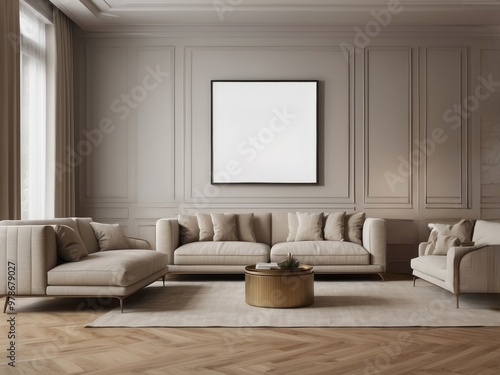 Modern Living Room with Beige Sofa, Gold Coffee Table, and Blank Wall Art