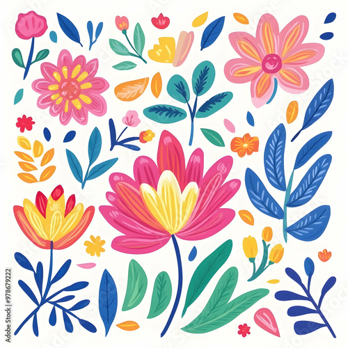 Vibrant Hand-Drawn Floral Pattern with Colorful Blossoms and Leaves