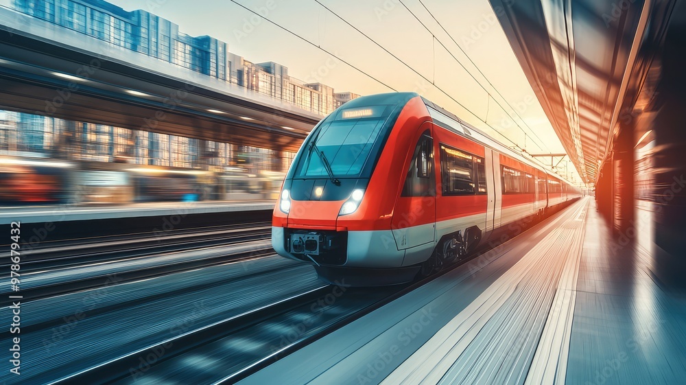 A high-speed train departs from a modern station, showcasing urban transportation at sunrise with a blur of motion. A high-speed train departs from a modern station, showcasing urban transportation at sunrise with a blur of motion.