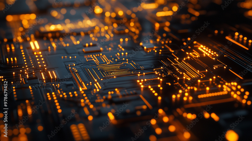 Illuminated circuit board pattern showcasing vibrant orange lights in a high-tech environment