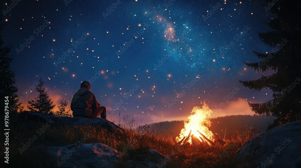 A hermit sitting by a campfire under a starry sky, with a peaceful and reflective mood. A hermit sitting by a campfire under a starry sky, with a peaceful and reflective mood.