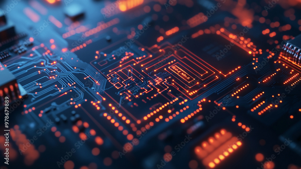 Detailed close-up of a circuit board illuminated by glowing orange lights at night Detailed close-up of a circuit board illuminated by glowing orange lights at night
