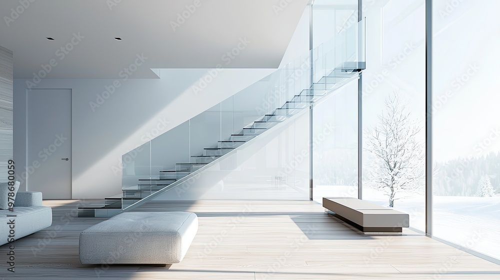 Obraz premium A modern interior featuring a minimalist staircase, large windows, and serene winter scenery for a bright and airy atmosphere.