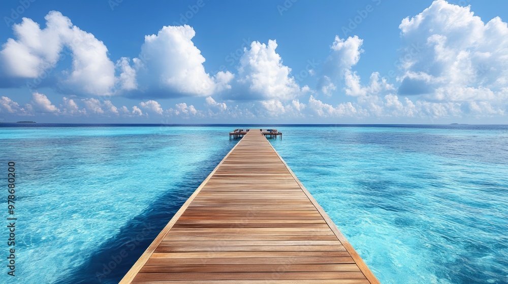 Fototapeta premium A jetty stretching into the ocean, leading to luxury overwater villas in the Maldives.