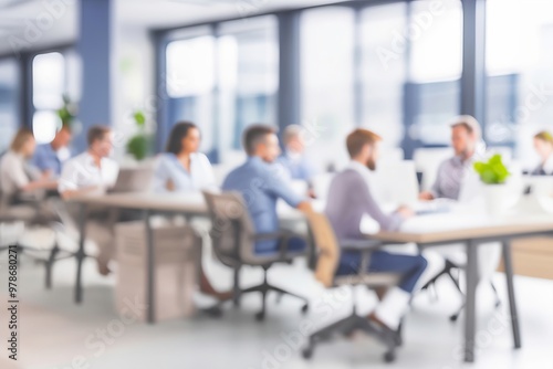 Open office space with professionals in casual wear, framed by a softly blurred bokeh background for a vibrant, collaborative environment. Made with Generative AI Technology