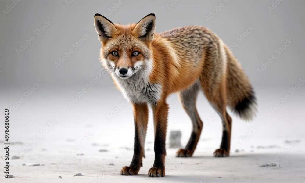 A red fox stands on a white surface, looking at the camera A red fox stands on a white surface, looking at the camera