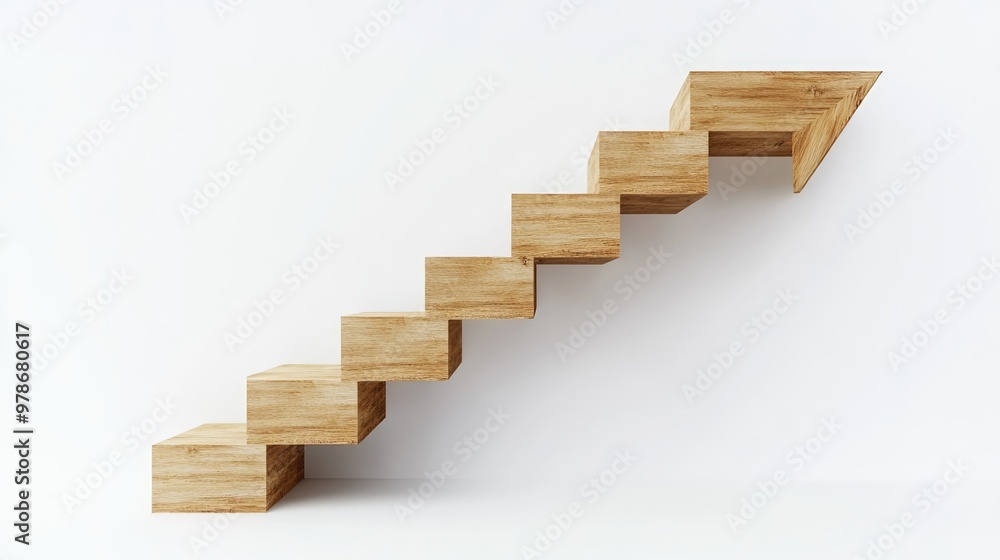 A wooden staircase with a sleek arrow-shaped line integrated into its design, set against a clean white background. The combination of natural wood and geometric shapes creates a modern aesthetic. A wooden staircase with a sleek arrow-shaped line integrated into its design, set against a clean white background. The combination of natural wood and geometric shapes creates a modern aesthetic.