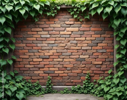 Rustic textures come to life in this stunning image of a weathered brick wall adorned with vibrant green vines.