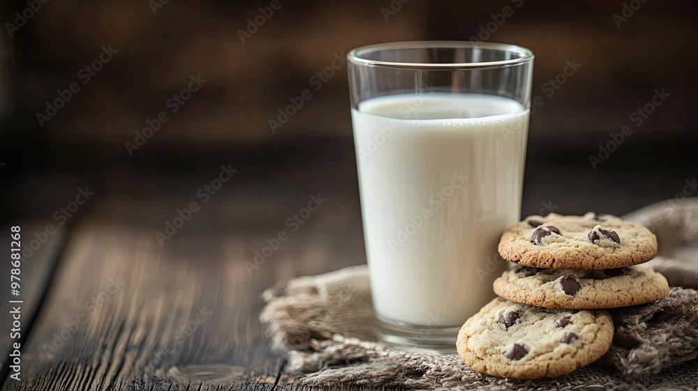 A refreshing glass of milk paired with delicious chocolate chip cookies on a rustic wooden surface, perfect for a cozy treat. A refreshing glass of milk paired with delicious chocolate chip cookies on a rustic wooden surface, perfect for a cozy treat.