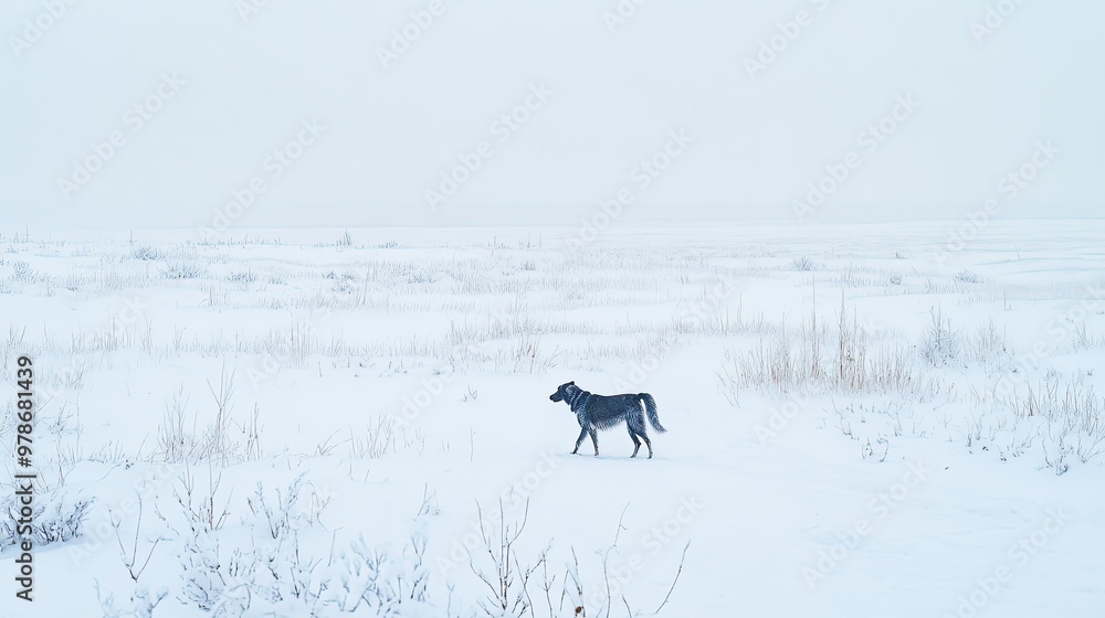 A lone dog walking through a snowy field in Oymyakon, Siberia harsh winter in full effect. A lone dog walking through a snowy field in Oymyakon, Siberia harsh winter in full effect.