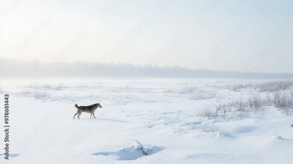 Naklejka premium A lone dog walking through a snowy field in Oymyakon, Siberia harsh winter in full effect.