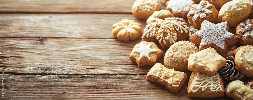 A delightful assortment of freshly baked cookies on a rustic wooden table, perfect for holiday gatherings and sweet moments. A delightful assortment of freshly baked cookies on a rustic wooden table, perfect for holiday gatherings and sweet moments.