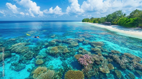 Fototapeta Naklejka Na Ścianę i Meble -  A lone snorkeler exploring the colorful coral reefs just off the beach of a Maldives resort.