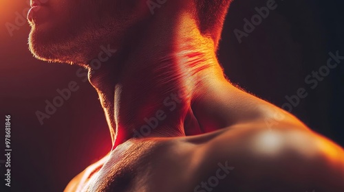 A close-up of a muscular neck illuminated with dramatic lighting, showcasing strong contours and natural beauty.