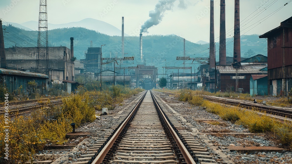 Fototapeta premium A scenic view of abandoned railway tracks leading to industrial structures, surrounded by nature and distant mountains.