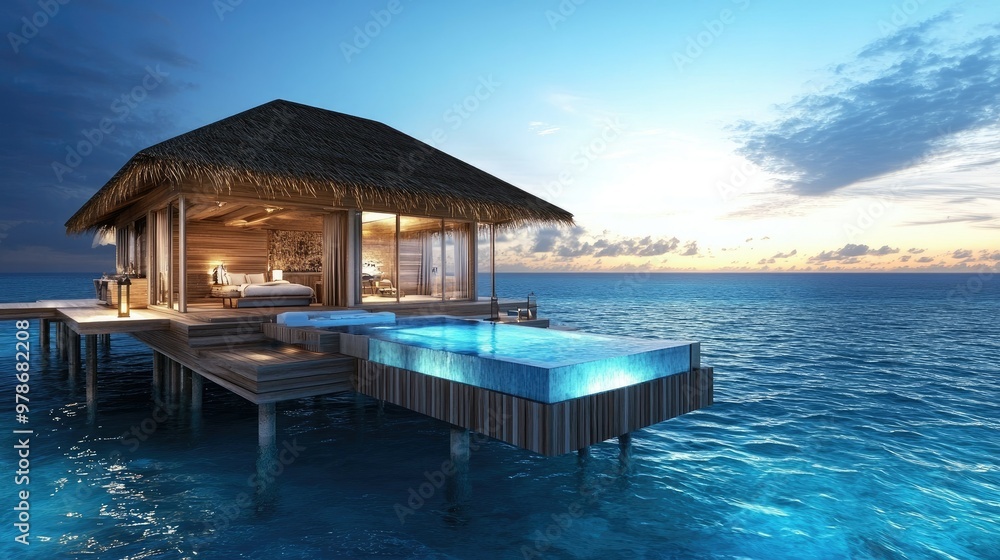 A luxury overwater bungalow with a private pool and ocean views in the Maldives. A luxury overwater bungalow with a private pool and ocean views in the Maldives.