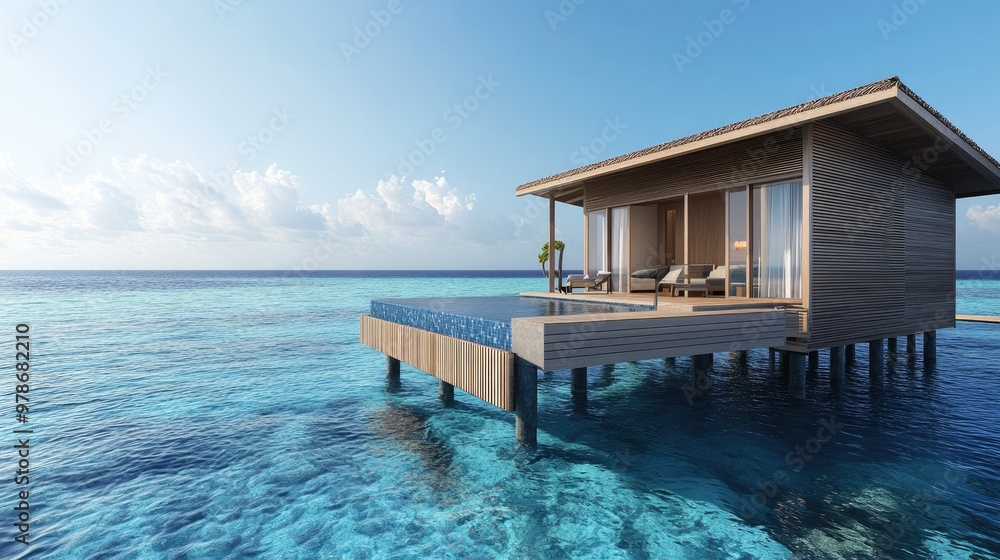 A luxury overwater bungalow with a private pool and ocean views in the Maldives. A luxury overwater bungalow with a private pool and ocean views in the Maldives.
