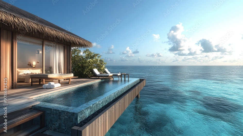 Fototapeta premium A luxury overwater villa with a private pool and sun deck in the Maldives.