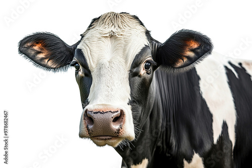 black and white cow isolated on a white background, isolated on a transparent background. cut out PNG format for graphic design, close-up photo