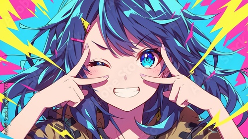 アニメ系ピースをする女の子イラスト,Generative AI AI画像