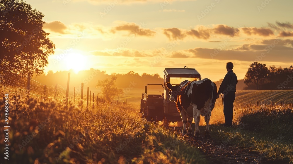 A serene farm scene at sunset featuring a farmer, a cow, and a tractor amidst lush fields and warm golden light. A serene farm scene at sunset featuring a farmer, a cow, and a tractor amidst lush fields and warm golden light.