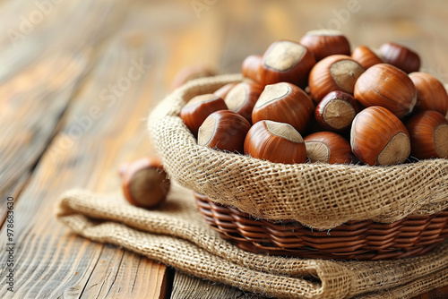 Spanish chestnuts on jute tablecloth on rustic table. Copy space. photo