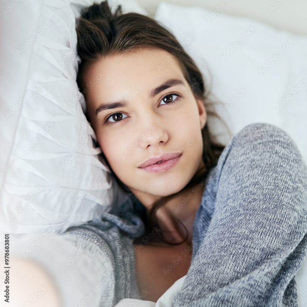 Woman, bed and smile on portrait with selfie in morning for social media post and profile picture. Female person, home and happy in bedroom with waking up on break, relax and fun for self care Woman, bed and smile on portrait with selfie in morning for social media post and profile picture. Female person, home and happy in bedroom with waking up on break, relax and fun for self care