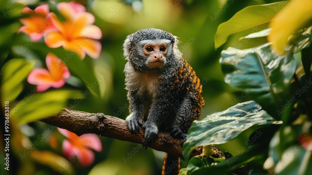 Obraz premium A marmoset monkey perched on a branch, with a backdrop of vibrant tropical flowers and greenery.