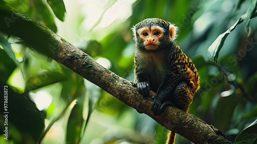 A marmoset monkey perched on a tree branch in a lush tropical rainforest, looking curiously at the camera. photo