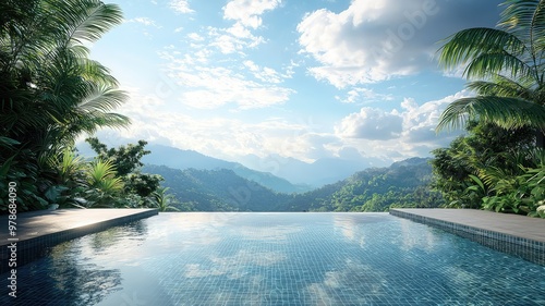 A serene infinity pool overlooking lush mountains and a clear blue sky, perfect for relaxation and escape into nature. photo