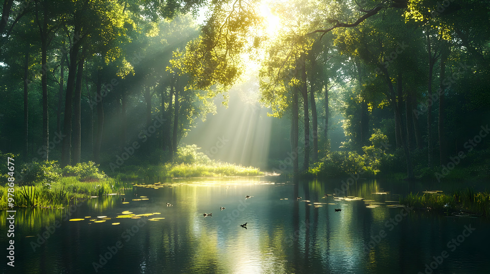 Obraz premium Sunlight Through Trees Reflecting in Lake Water