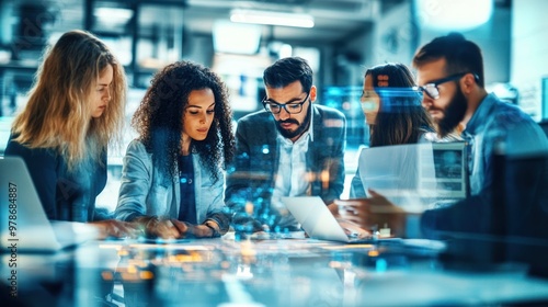 Group of high-tech workers in a smart factory, collaborating on complex tasks with cutting-edge technology, innovation in production photo