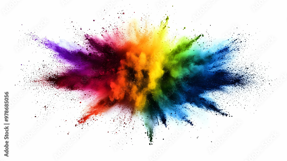 Fototapeta premium A Vibrant Rainbow Explosion of Color Dust Suspended in Air Against a White Background