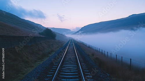 A serene railway track stretches into the misty hills at dawn, evoking feelings of adventure and tranquility in nature. photo