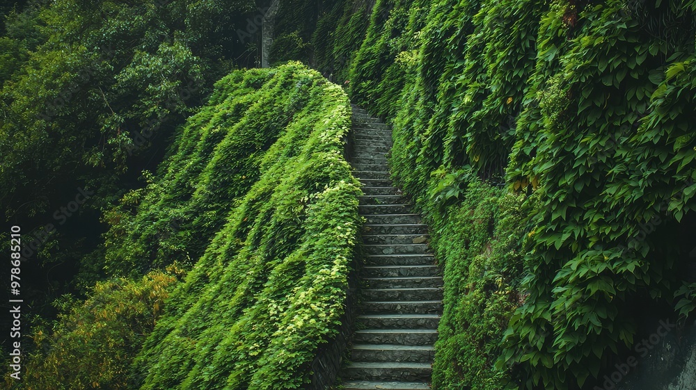 Fototapeta premium A serene stone staircase enveloped in lush green foliage, inviting exploration into a verdant natural escape.