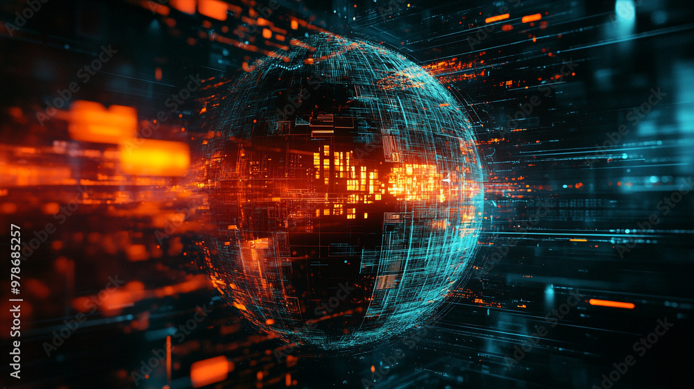 A vibrant digital representation of a globe surrounded by data streams and glowing elements A vibrant digital representation of a globe surrounded by data streams and glowing elements