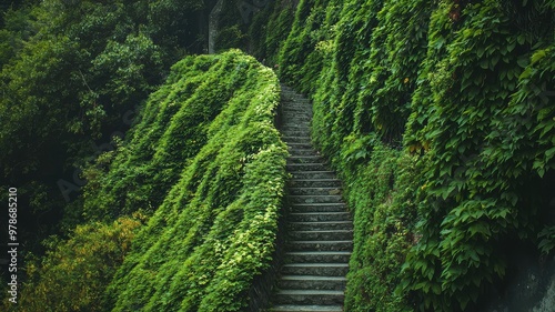 A serene stone staircase enveloped in lush green foliage, inviting exploration into a verdant natural escape.