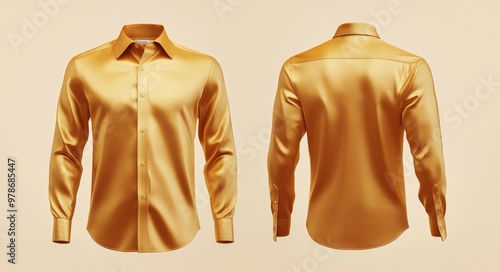 A sleek men's formal long t-shirt mockup in a luxurious gold color. The elegant design is ideal for showcasing high-end fashion or premium clothing lines with a modern twist. photo